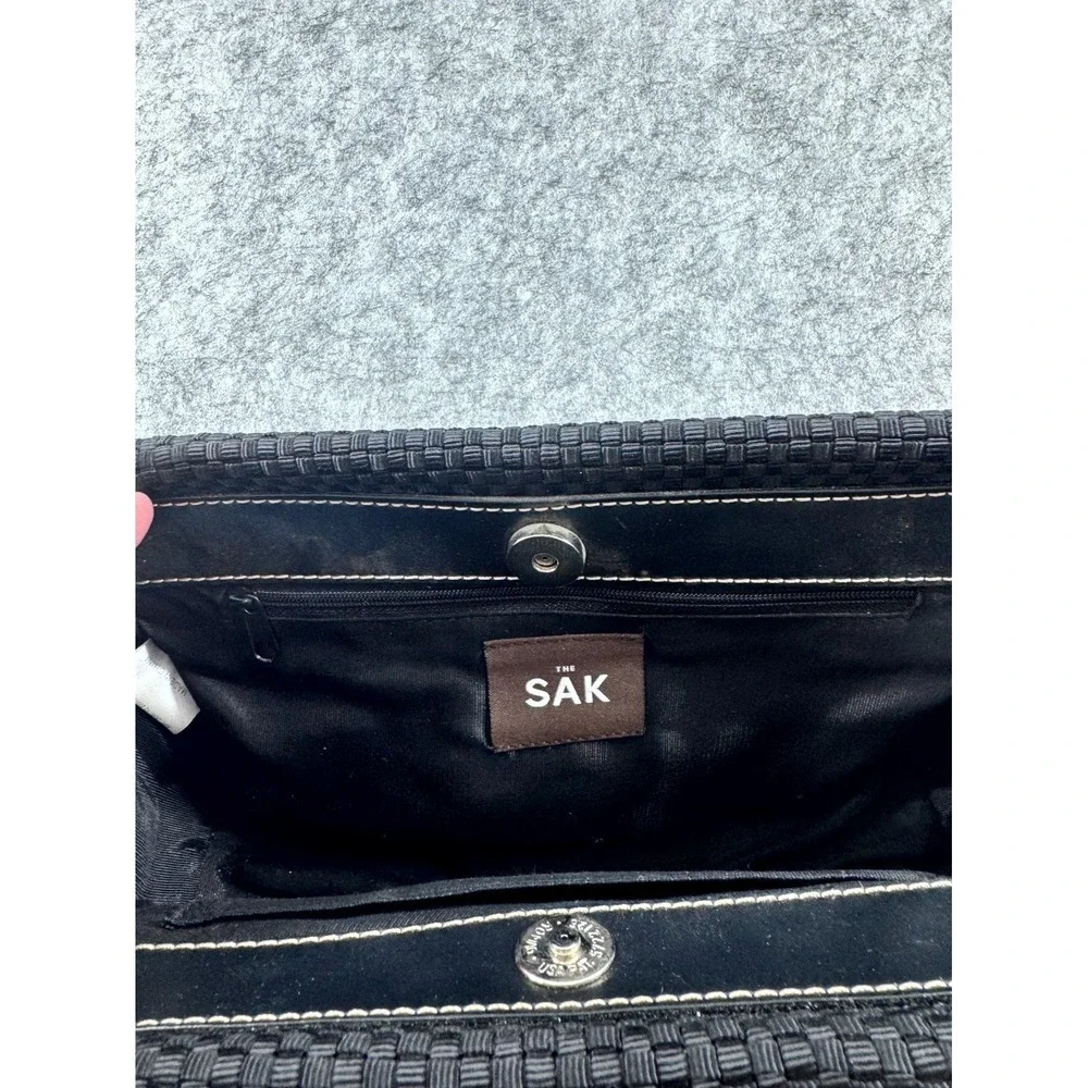 The Sak Woven Knit Shoulder Bag Women's Black Crochet Baguette Handbag Purse